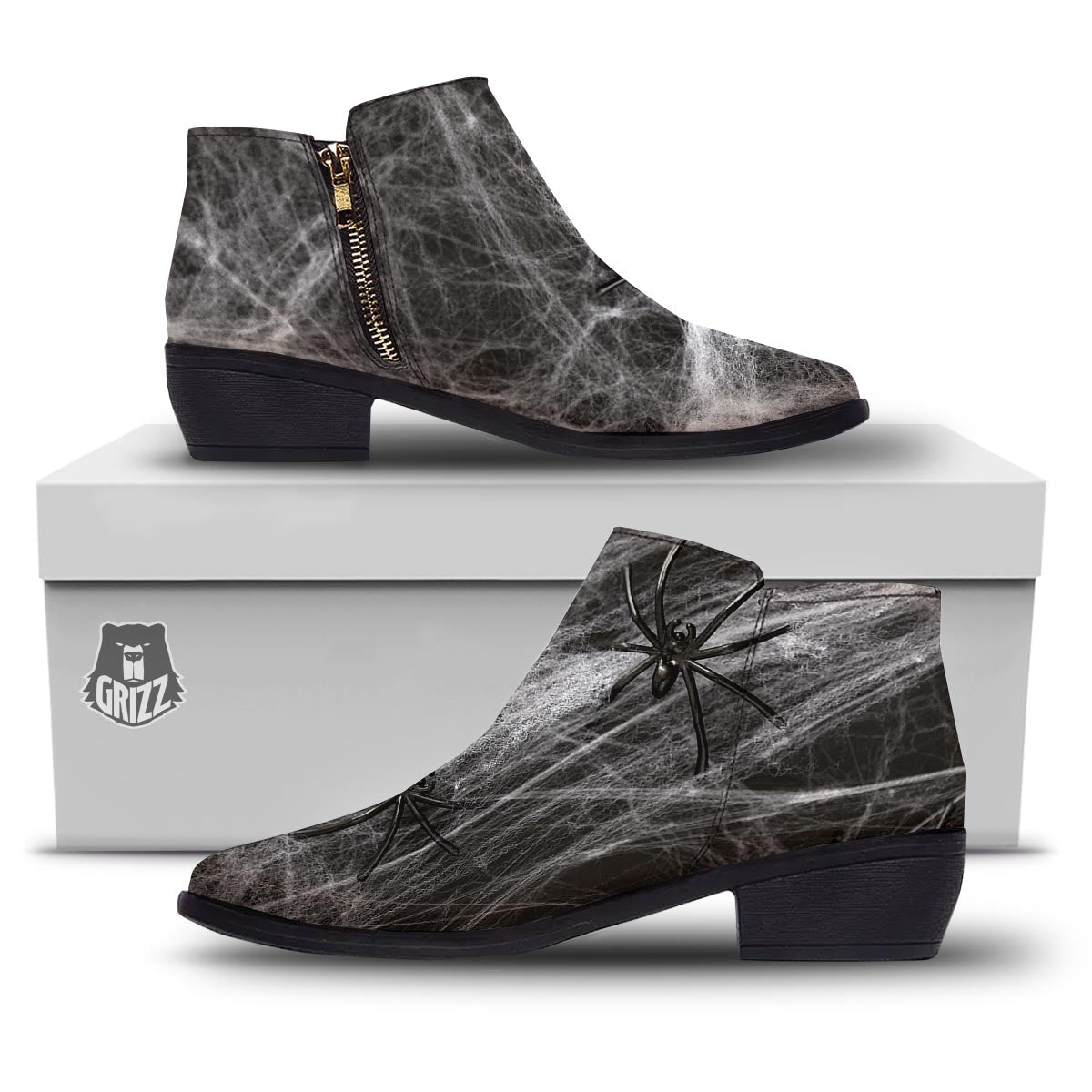 Cobweb And Toy Spiders Print Ankle Boots-grizzshop