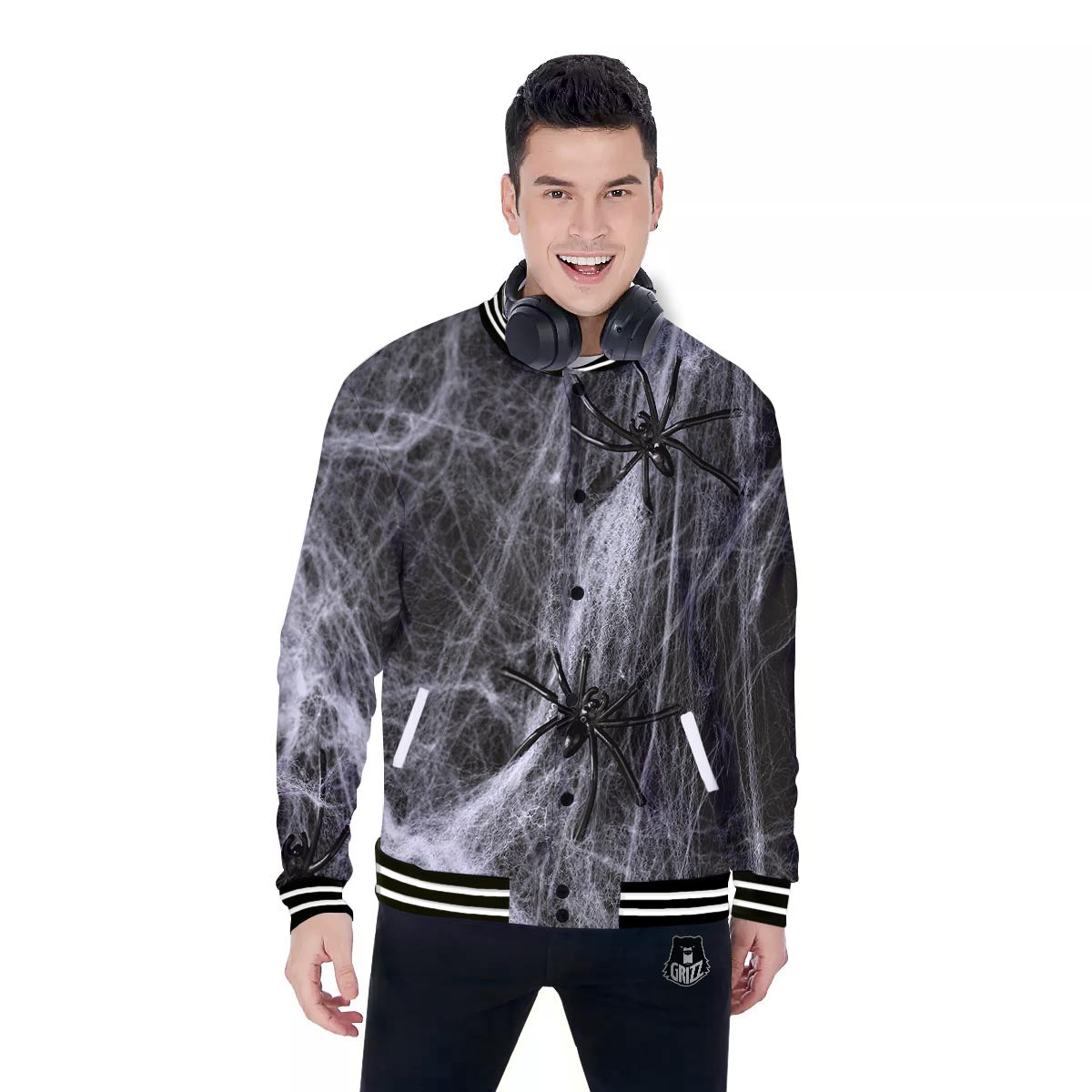 Cobweb And Toy Spiders Print Baseball Jacket-grizzshop