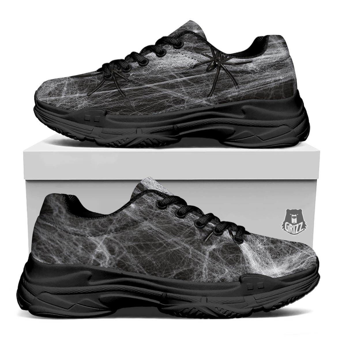 Cobweb And Toy Spiders Print Black Chunky Shoes-grizzshop
