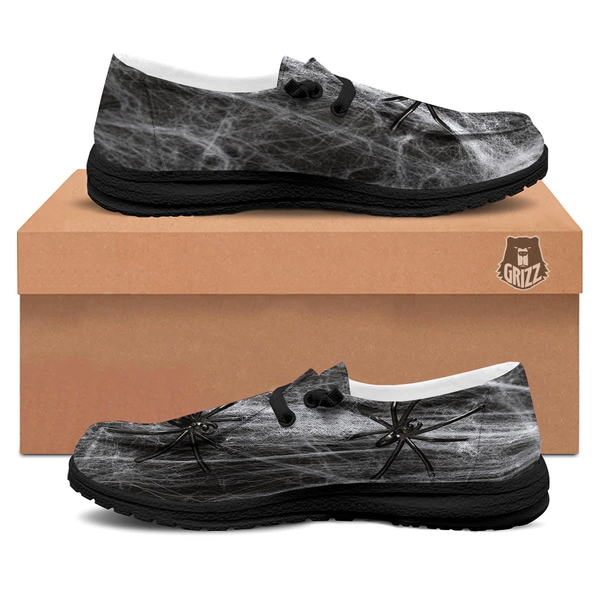 Cobweb And Toy Spiders Print Black Loafers-grizzshop