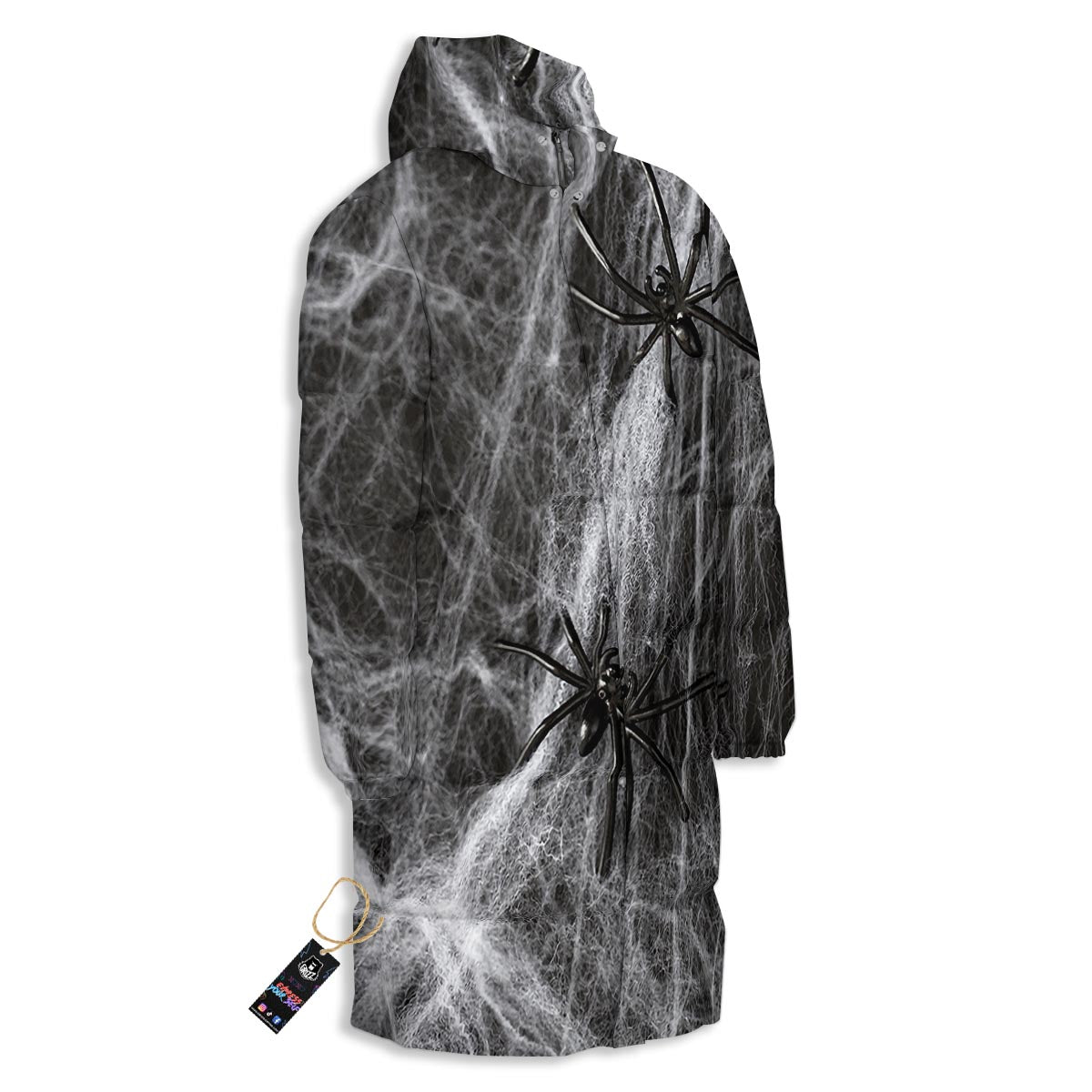 Cobweb And Toy Spiders Print Long Down Jacket-grizzshop