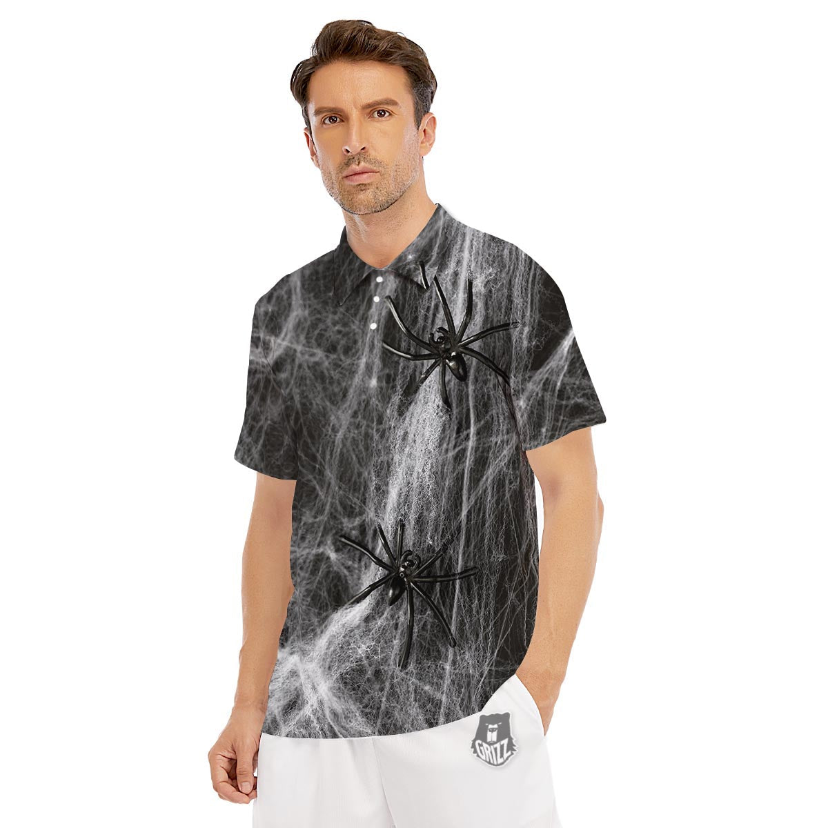 Cobweb And Toy Spiders Print Men's Golf Shirts-grizzshop