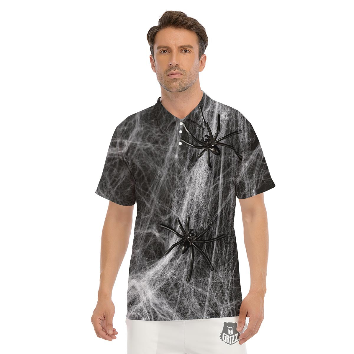 Cobweb And Toy Spiders Print Men's Golf Shirts-grizzshop