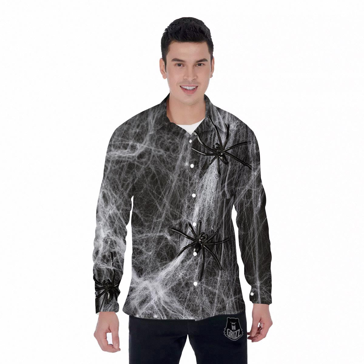 Cobweb And Toy Spiders Print Men's Long Sleeve Shirts-grizzshop