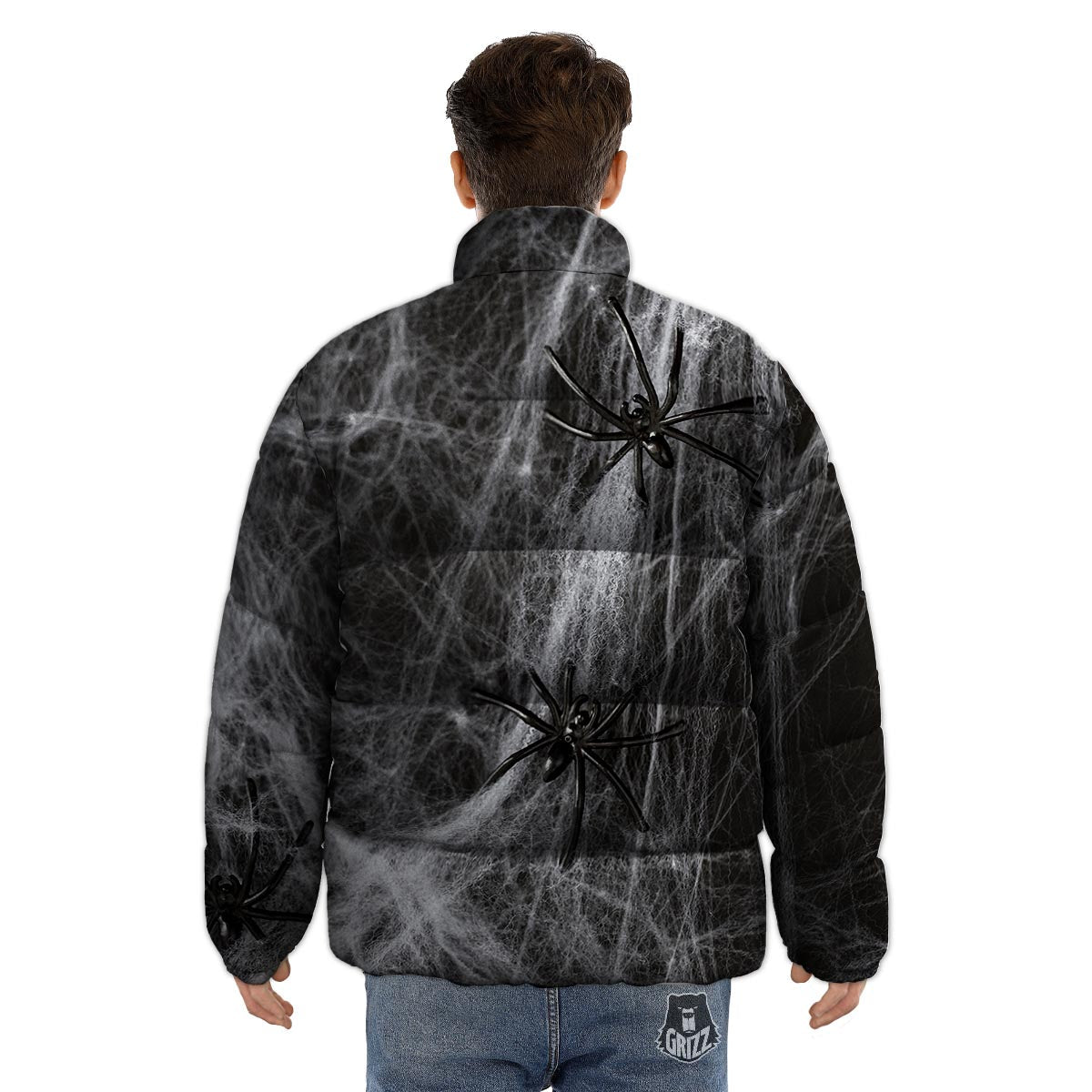 Cobweb And Toy Spiders Print Puffer Jacket-grizzshop