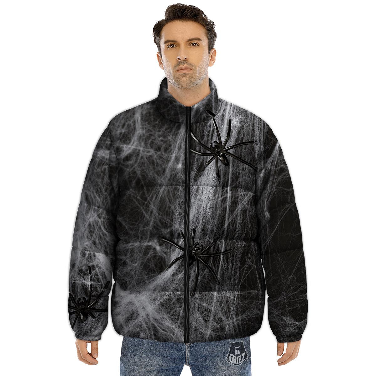 Cobweb And Toy Spiders Print Puffer Jacket-grizzshop