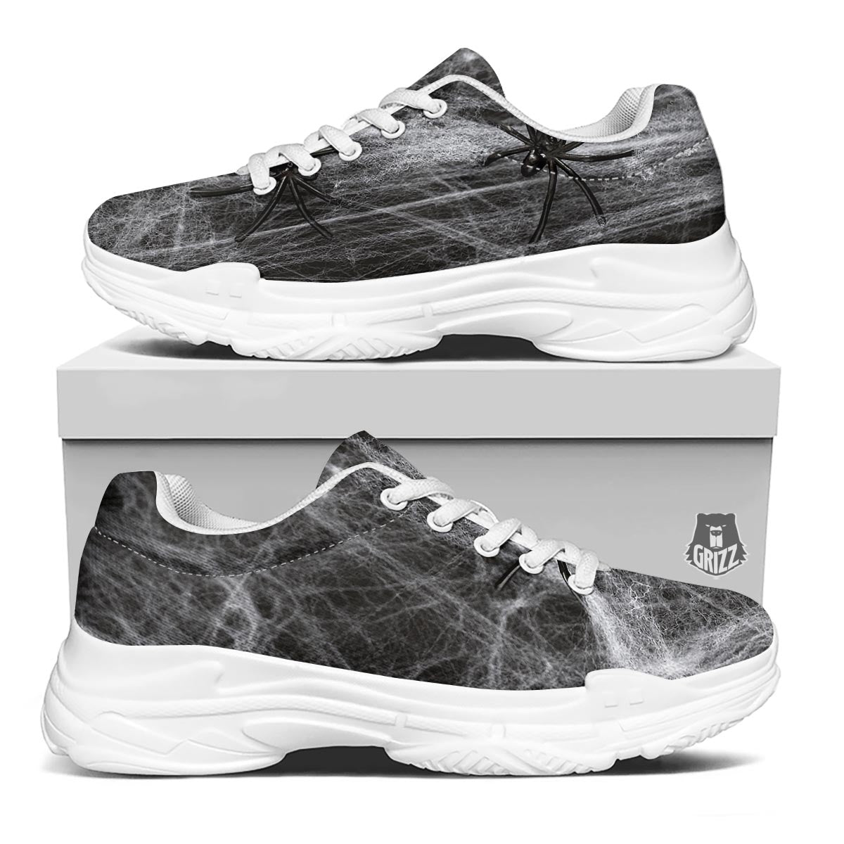 Cobweb And Toy Spiders Print White Chunky Shoes-grizzshop