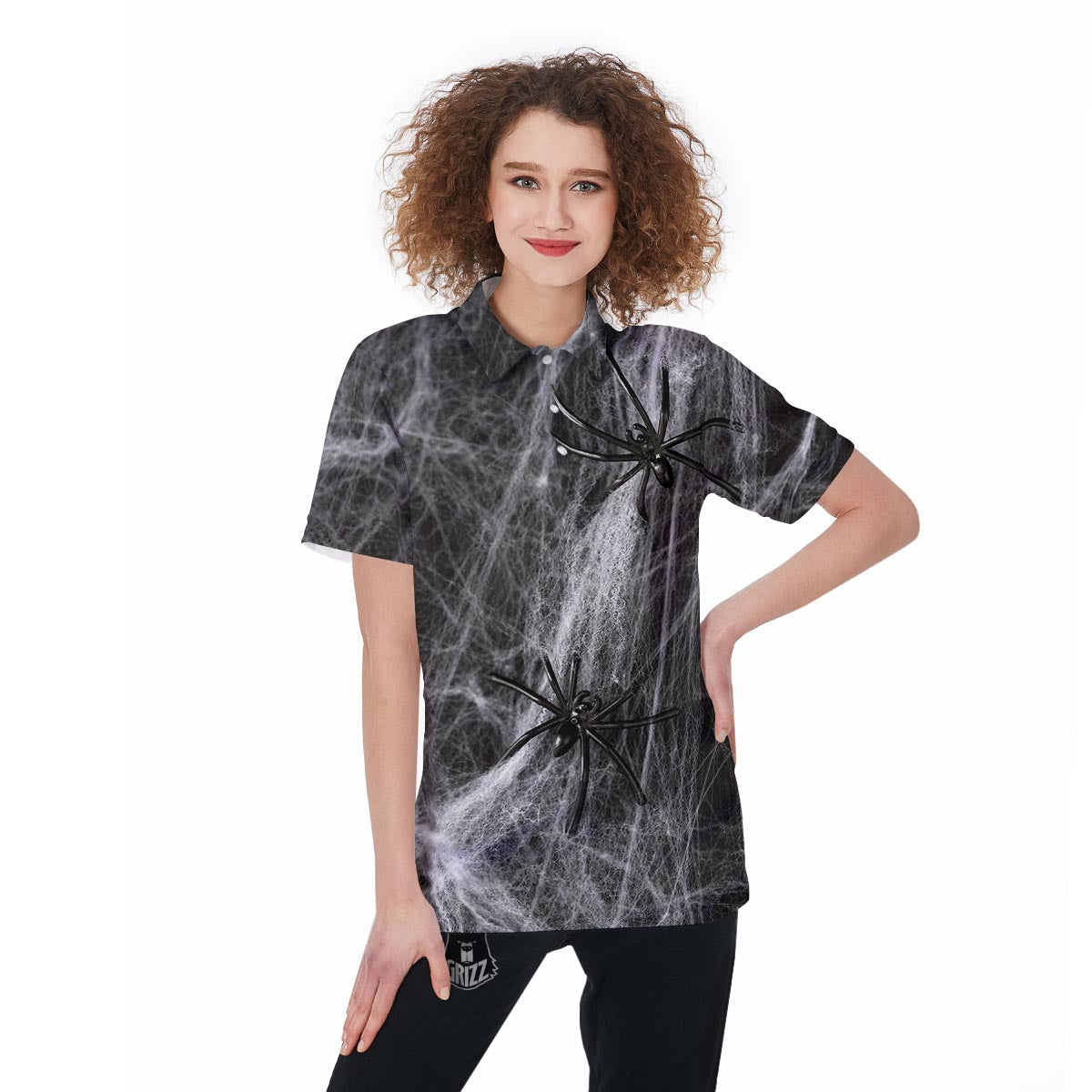 Cobweb And Toy Spiders Print Women's Golf Shirts-grizzshop