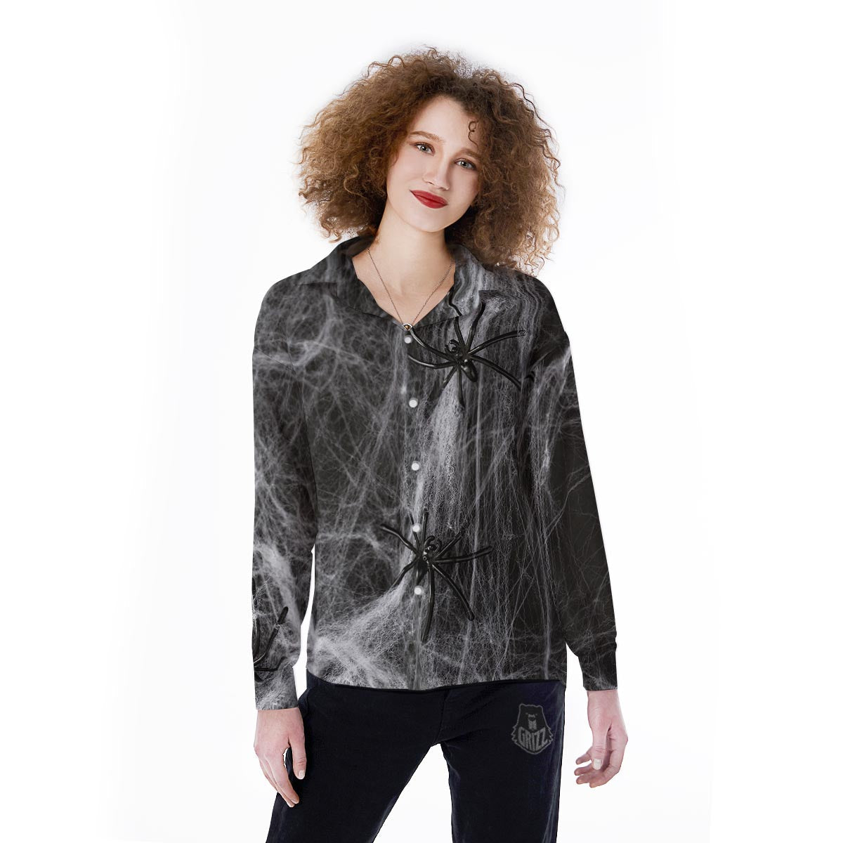 Cobweb And Toy Spiders Print Women's Long Sleeve Shirts-grizzshop