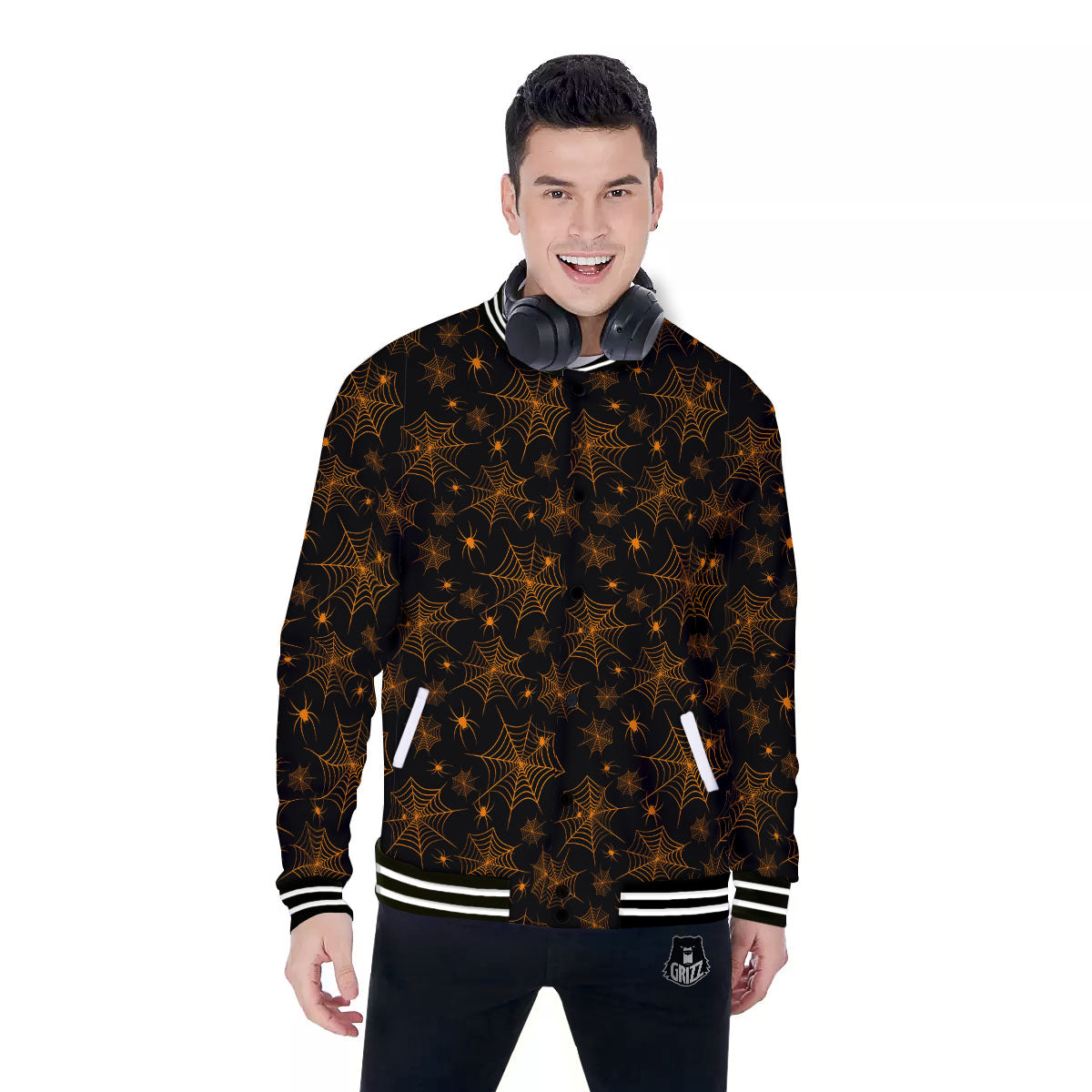 Cobweb Halloween Print Pattern Baseball Jacket-grizzshop