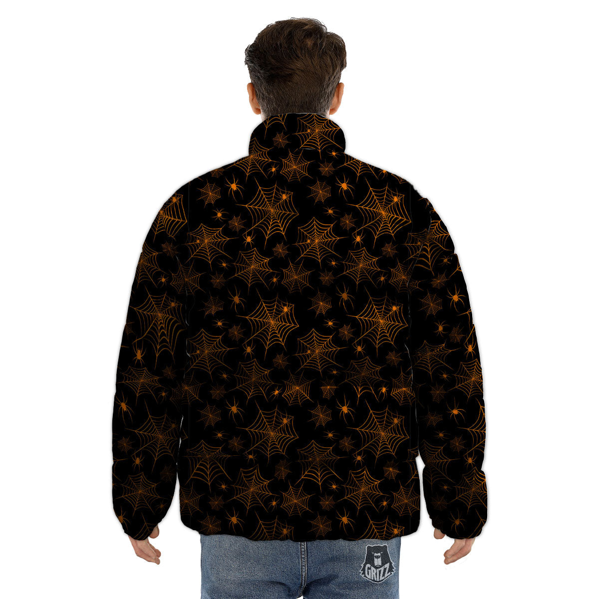 Cobweb Halloween Print Pattern Puffer Jacket-grizzshop
