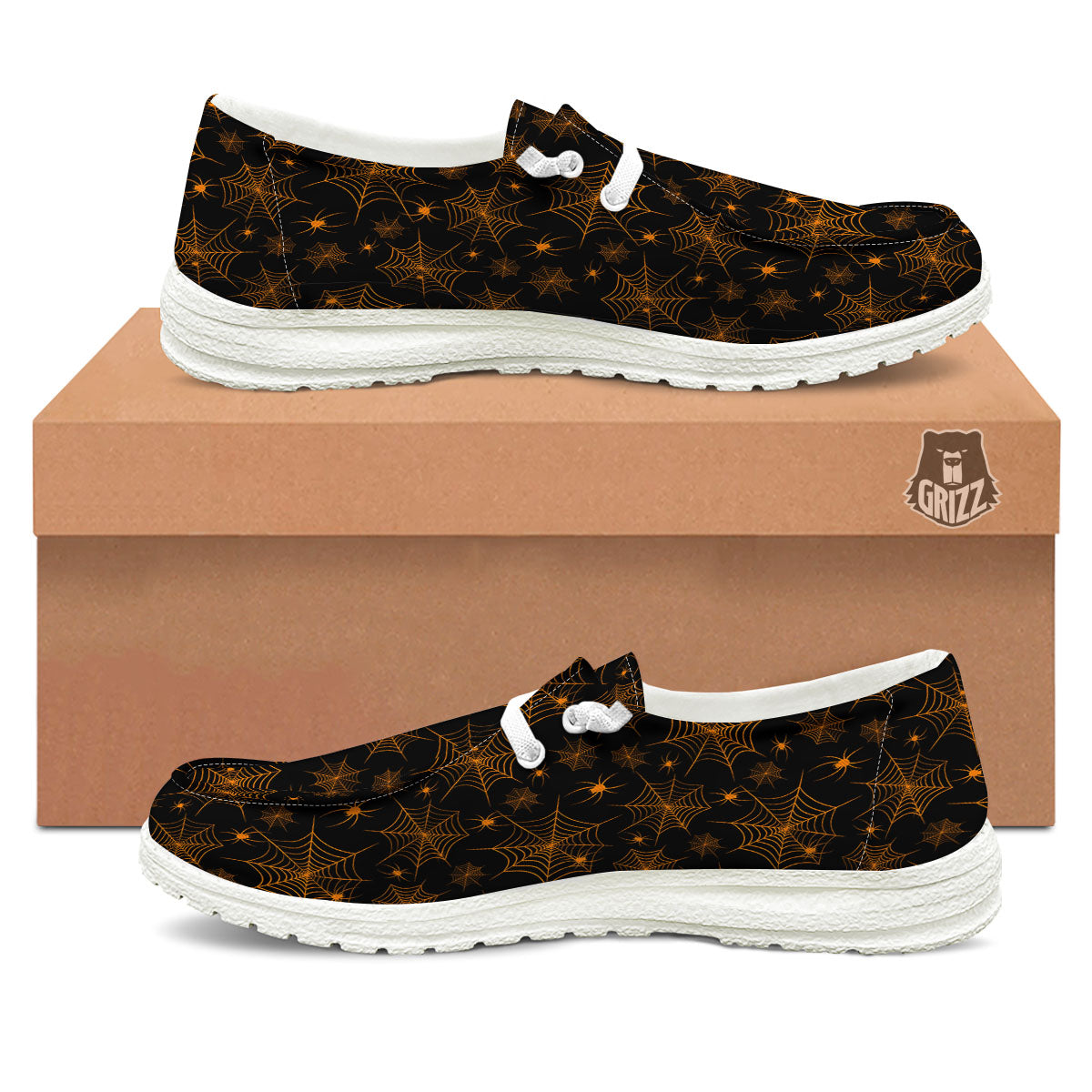 Cobweb Halloween Print Pattern White Loafers-grizzshop