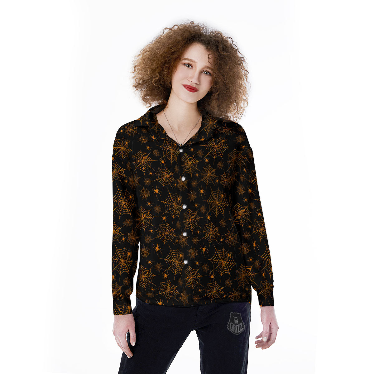 Cobweb Halloween Print Pattern Women's Long Sleeve Shirts-grizzshop