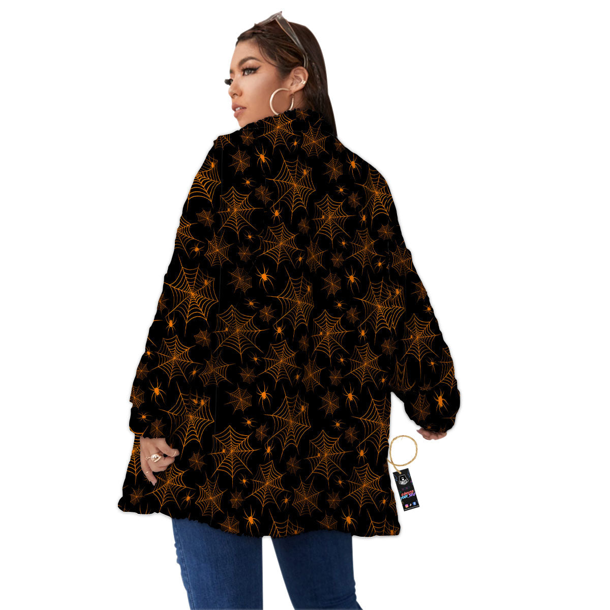 Cobweb Halloween Print Pattern Women's Sherpa Jacket-grizzshop