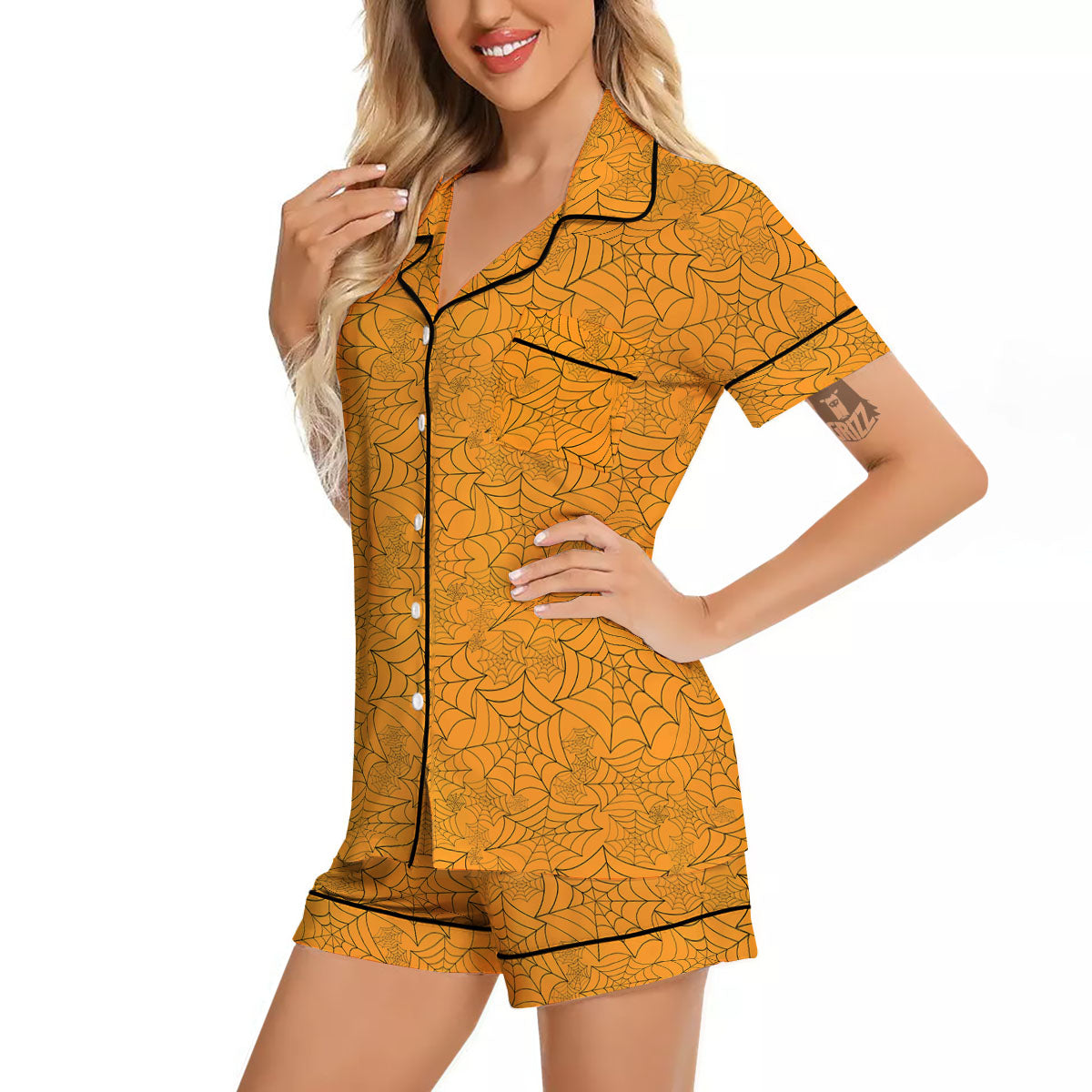 Cobweb Horror Print Women Silk Pajamas-grizzshop