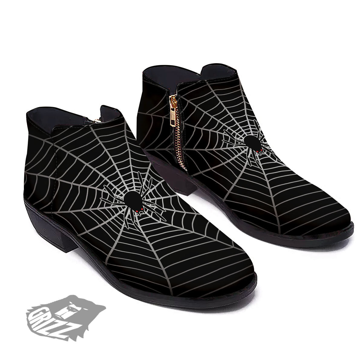 Cobweb White And Black Print Ankle Boots-grizzshop