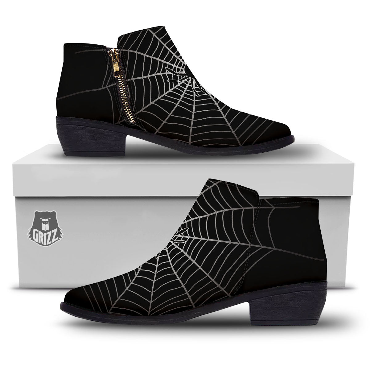 Cobweb White And Black Print Ankle Boots-grizzshop