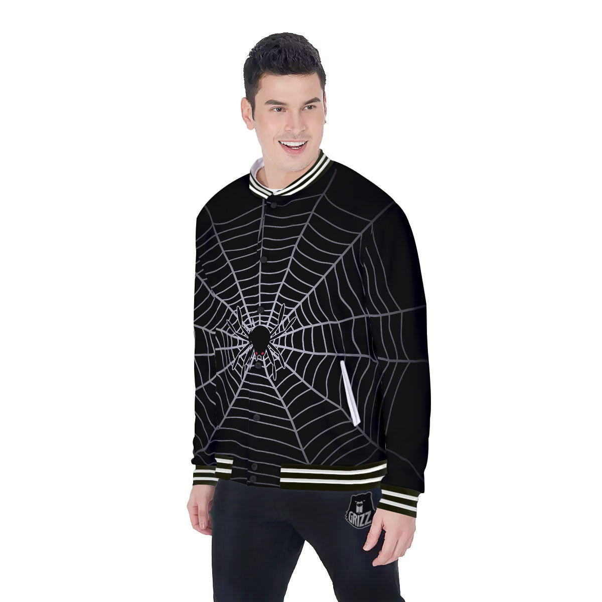 Cobweb White And Black Print Baseball Jacket-grizzshop