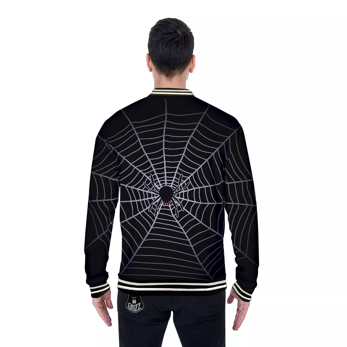 Cobweb White And Black Print Baseball Jacket-grizzshop