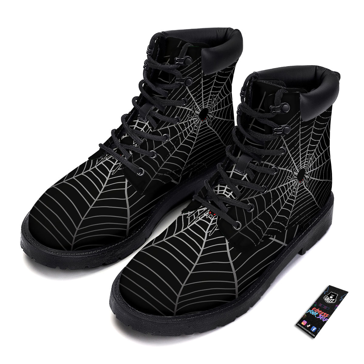 Cobweb White And Black Print Boots-grizzshop