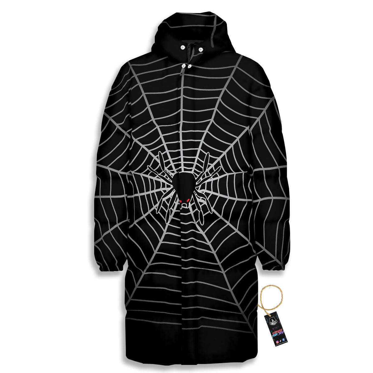 Cobweb White And Black Print Long Down Jacket-grizzshop