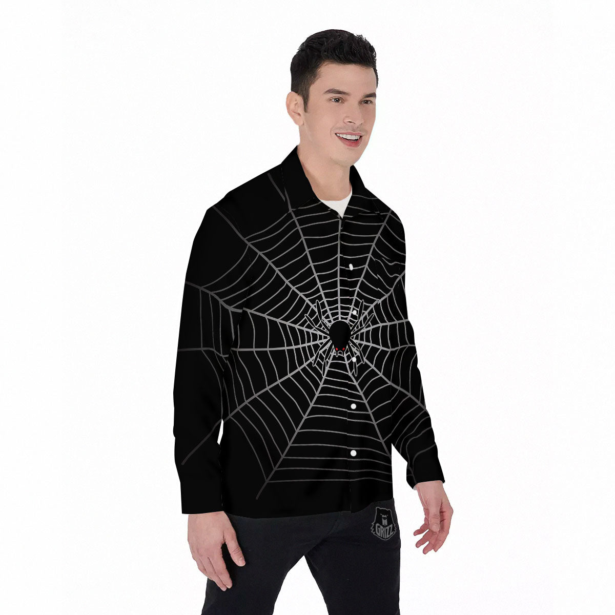 Cobweb White And Black Print Men's Long Sleeve Shirts-grizzshop