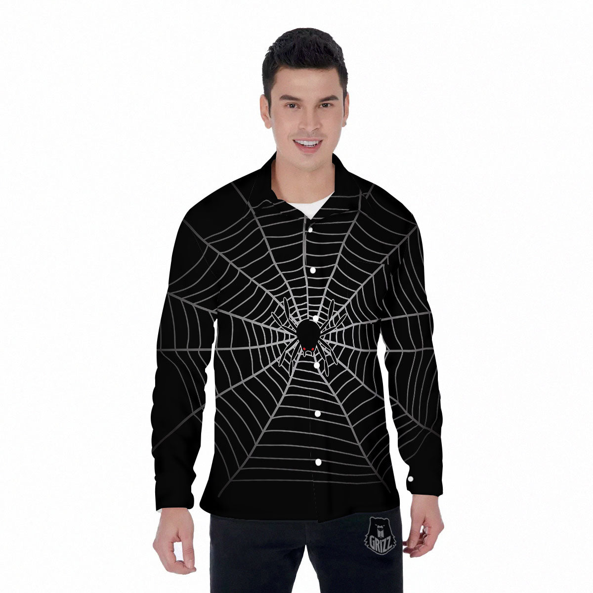 Cobweb White And Black Print Men's Long Sleeve Shirts-grizzshop