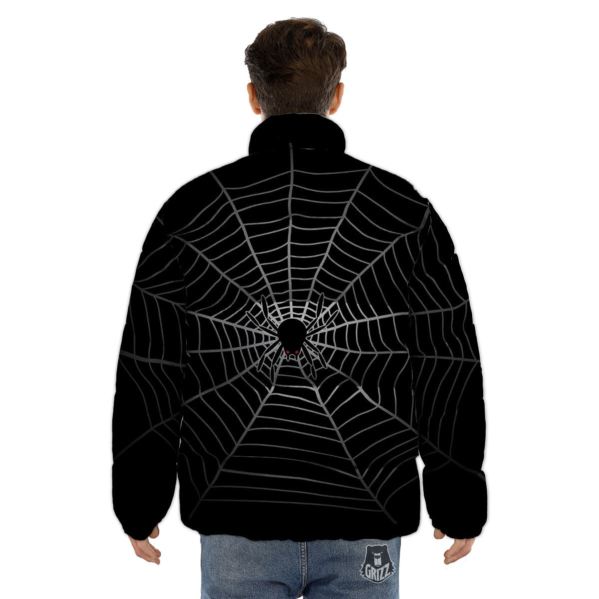 Cobweb White And Black Print Puffer Jacket-grizzshop