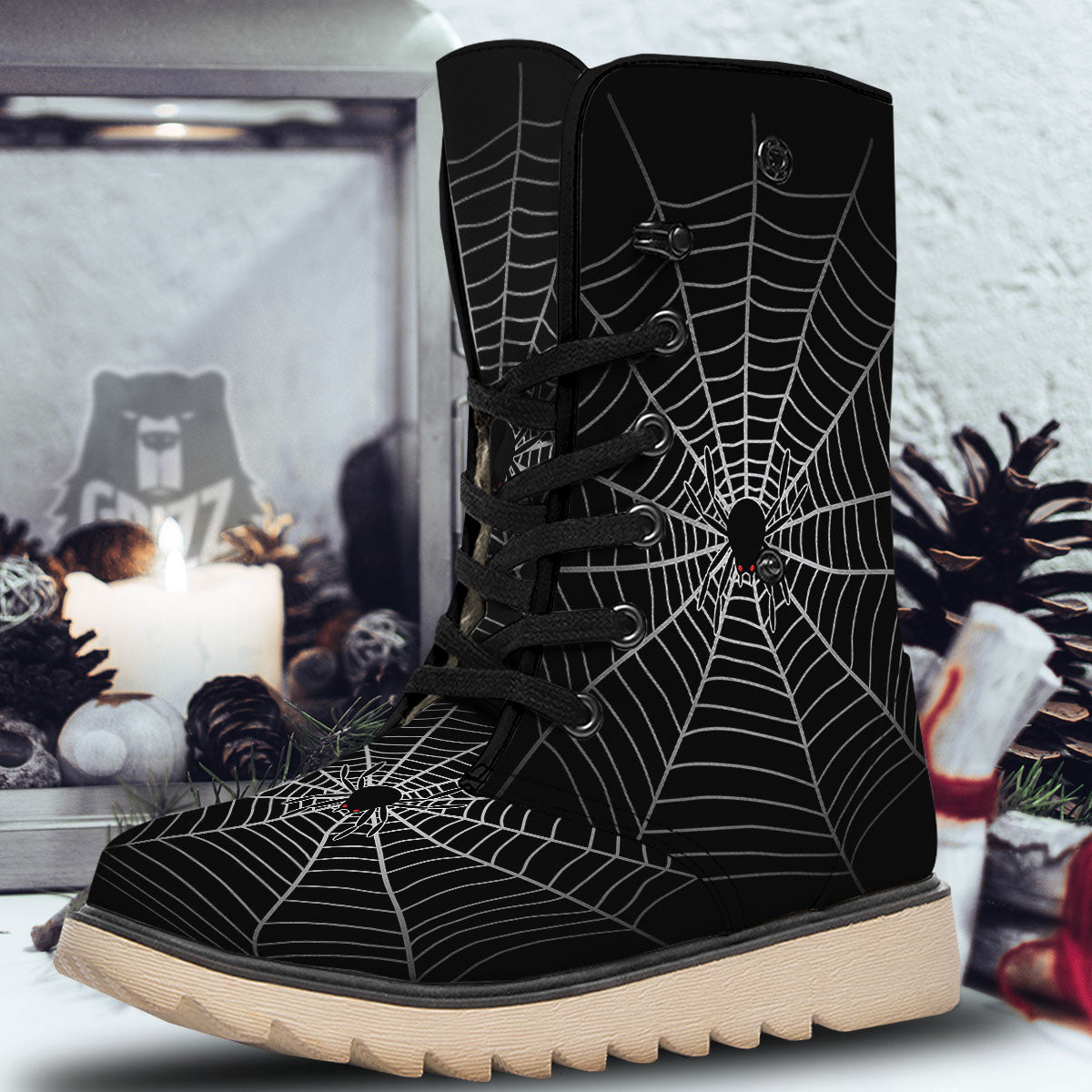 Cobweb White And Black Print Snow Boots-grizzshop