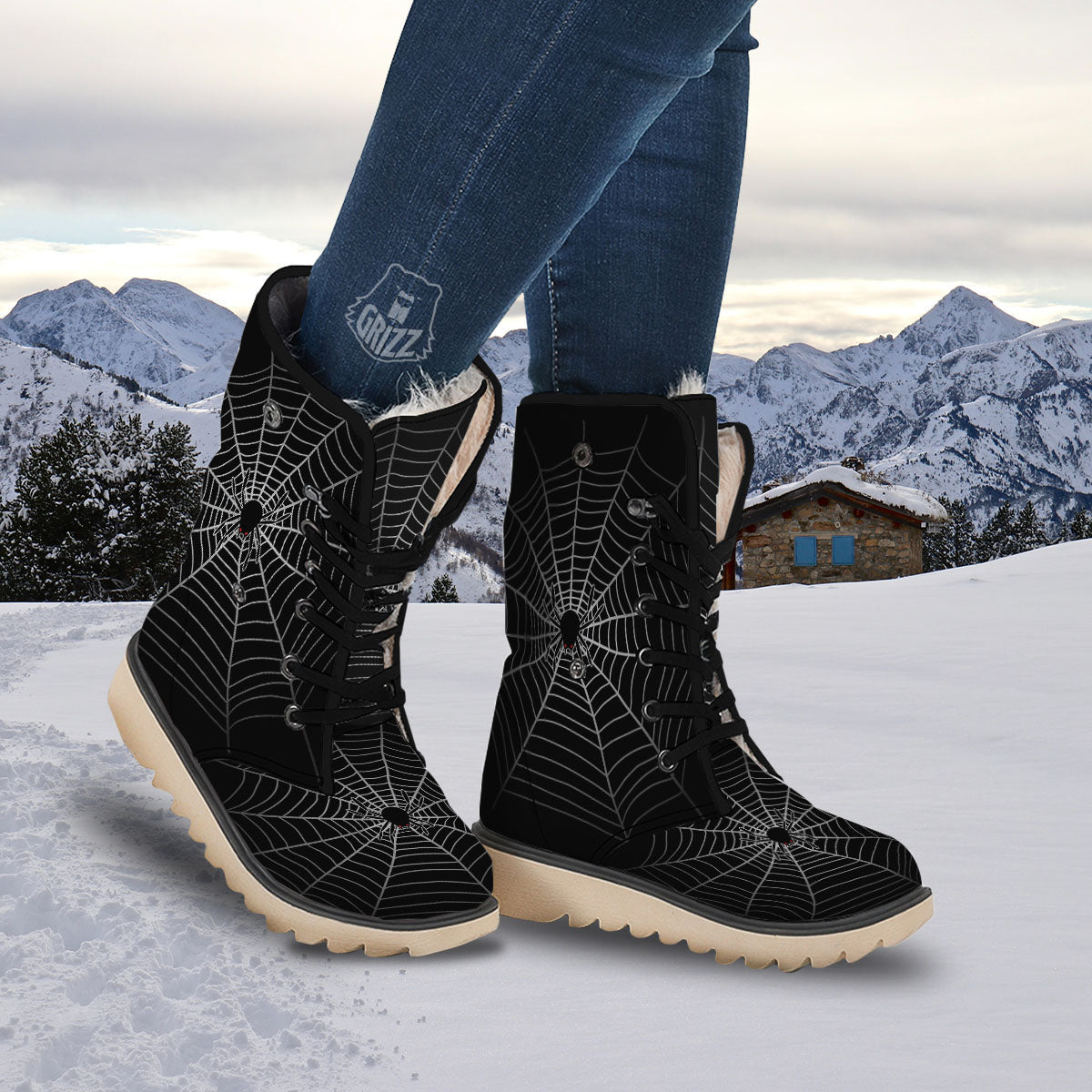 Cobweb White And Black Print Snow Boots-grizzshop