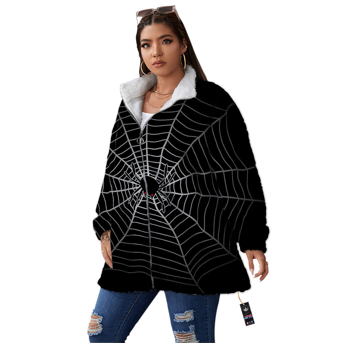 Cobweb White And Black Print Women's Sherpa Jacket-grizzshop