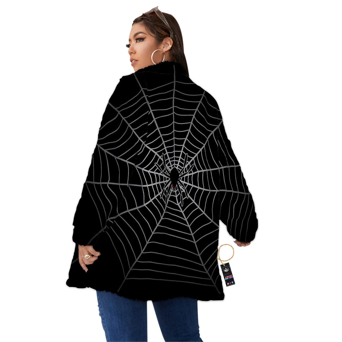 Cobweb White And Black Print Women's Sherpa Jacket-grizzshop