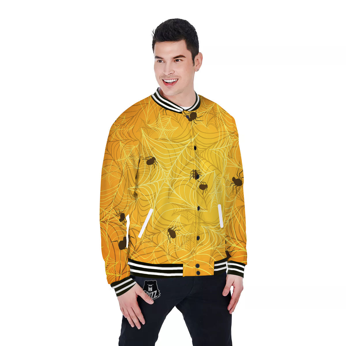 Cobweb Yellow Print Baseball Jacket-grizzshop
