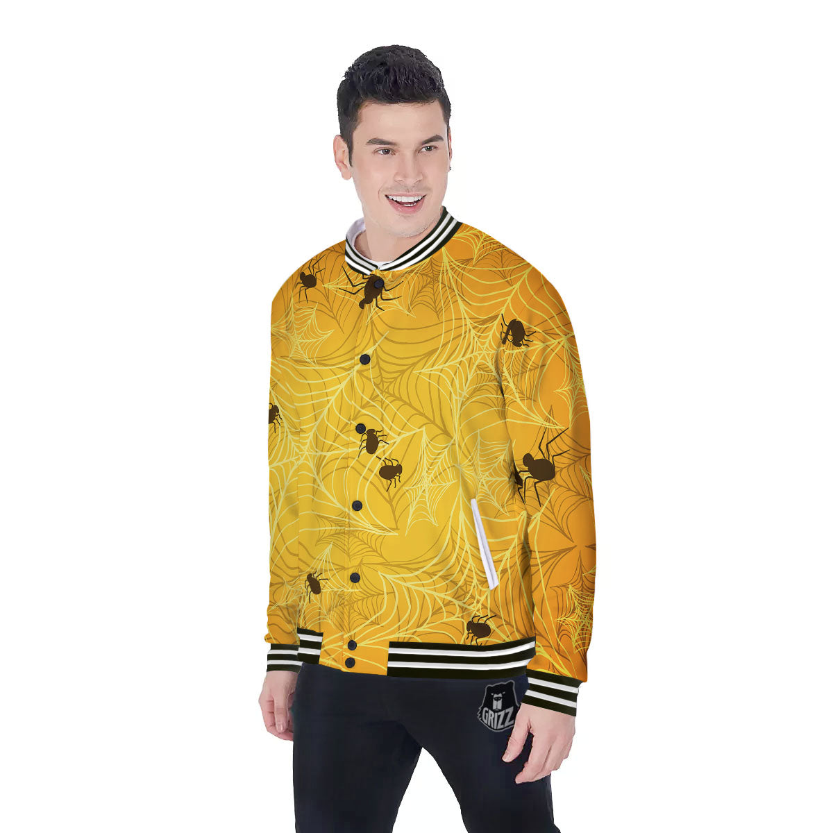 Cobweb Yellow Print Baseball Jacket-grizzshop