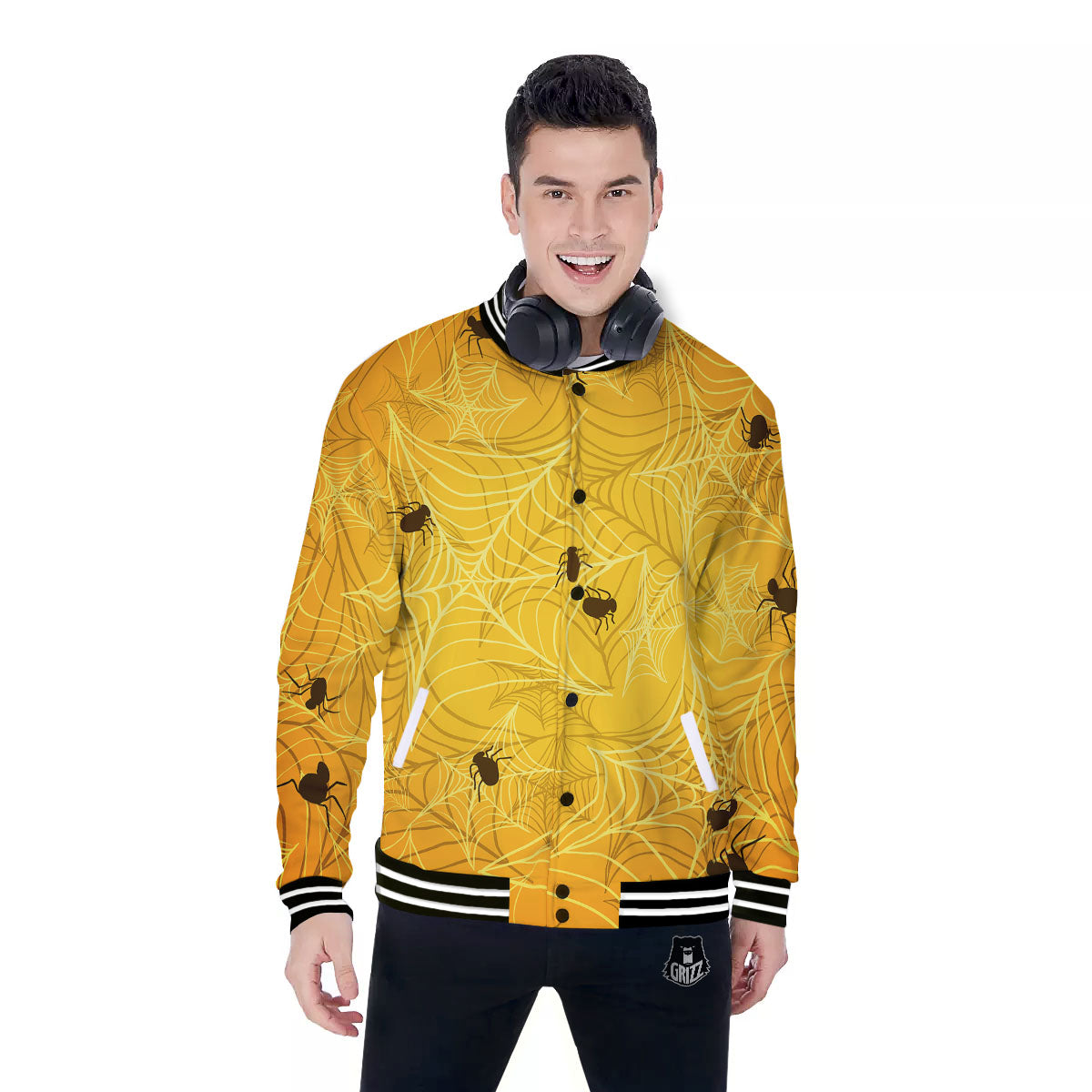 Cobweb Yellow Print Baseball Jacket-grizzshop