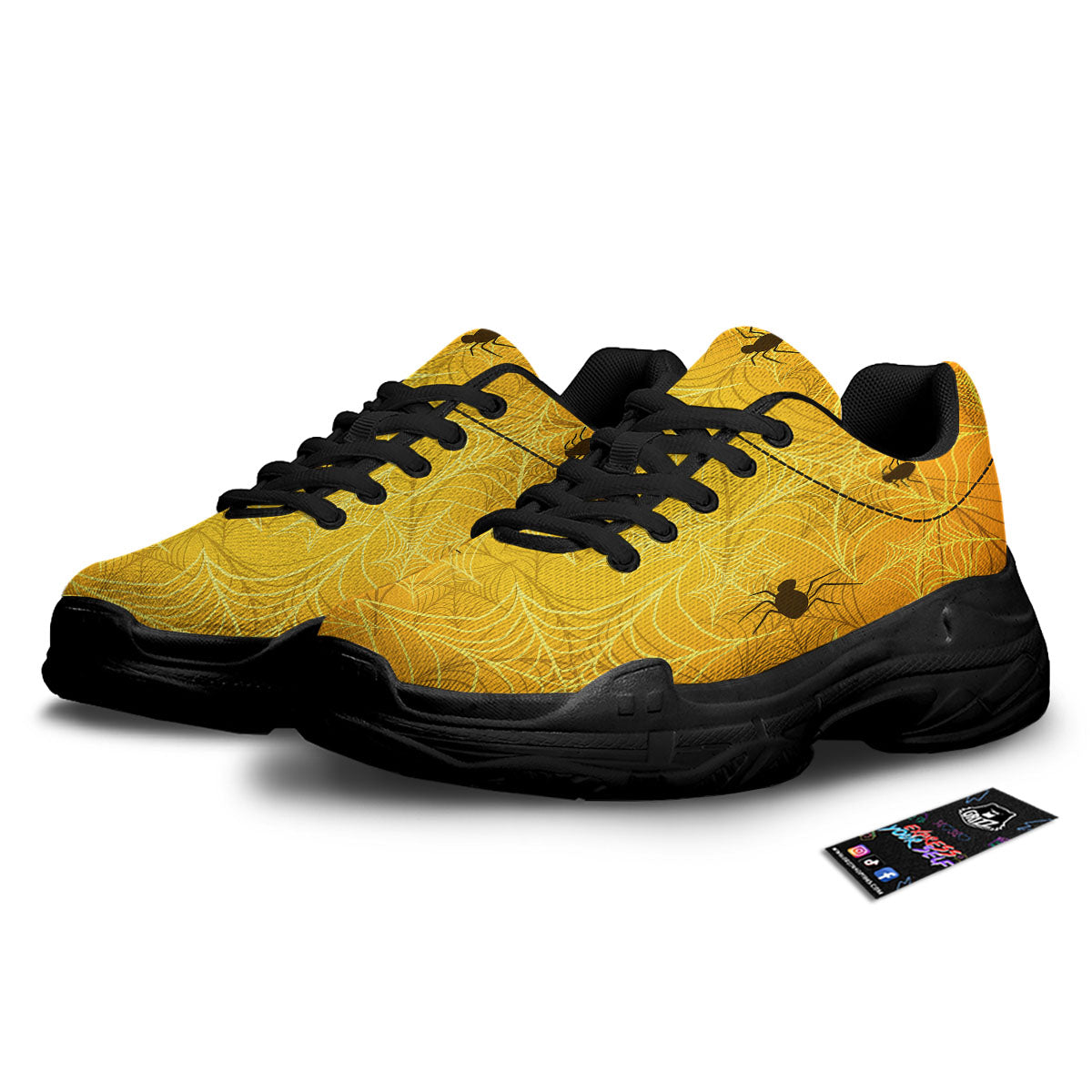Cobweb Yellow Print Black Chunky Shoes-grizzshop