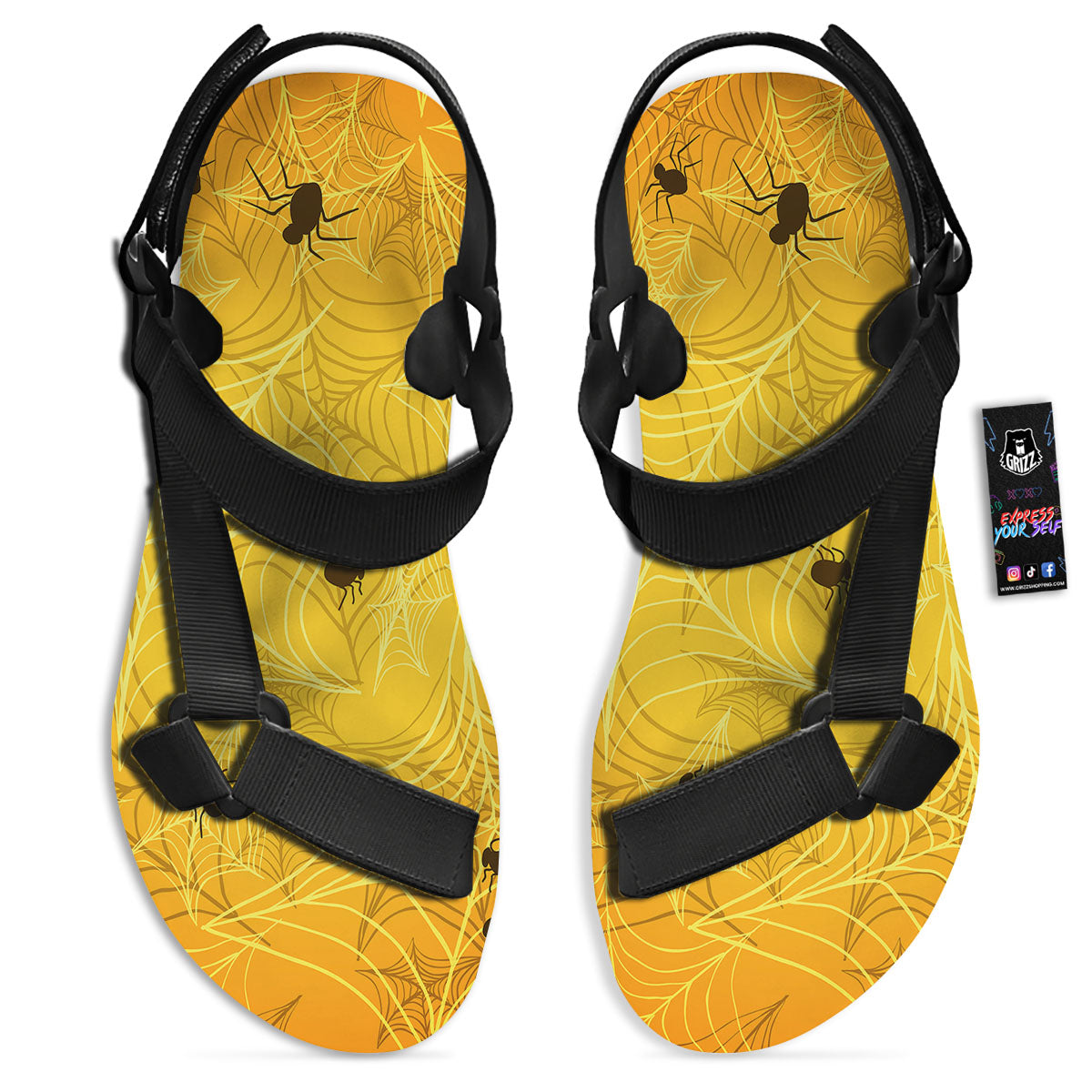 Cobweb Yellow Print Black Open Toe Sandals-grizzshop