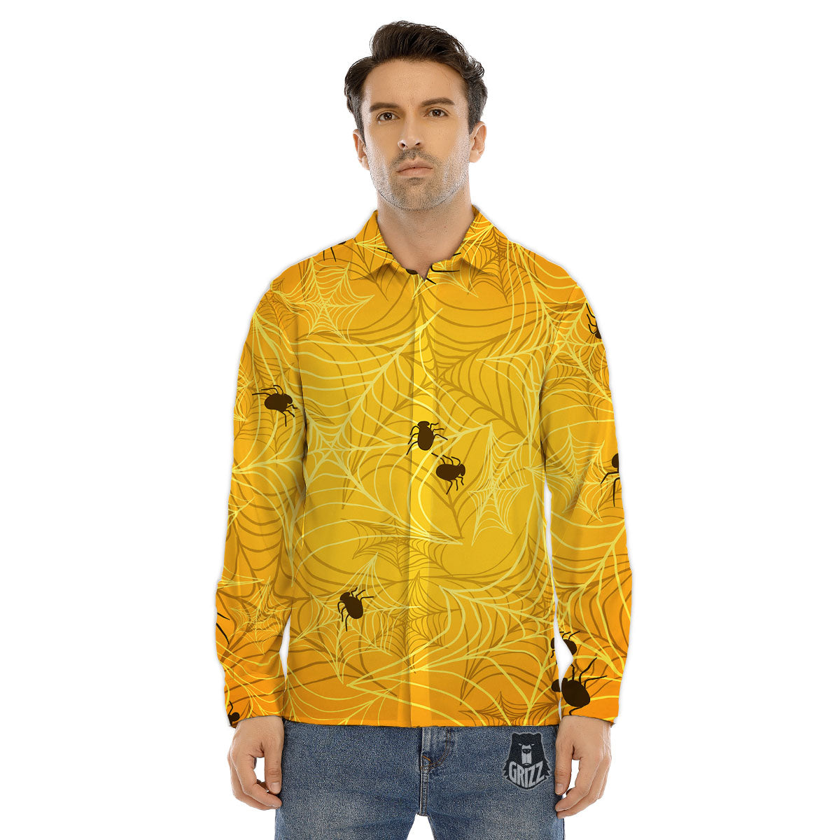 Cobweb Yellow Print Men's Dress Shirts-grizzshop