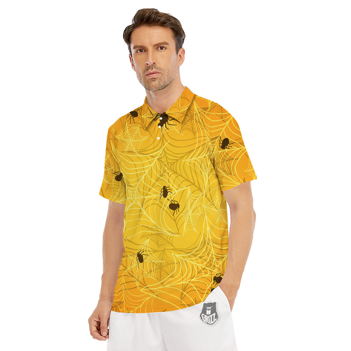 Cobweb Yellow Print Men's Golf Shirts-grizzshop