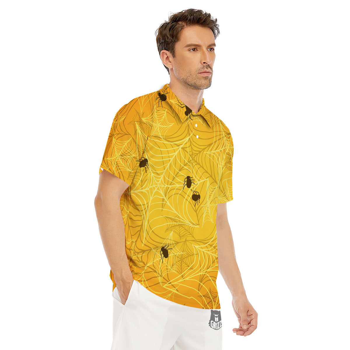 Cobweb Yellow Print Men's Golf Shirts-grizzshop
