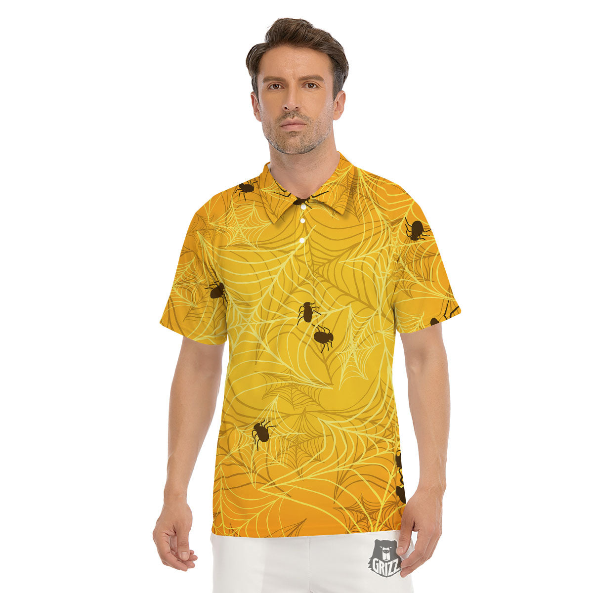 Cobweb Yellow Print Men's Golf Shirts-grizzshop