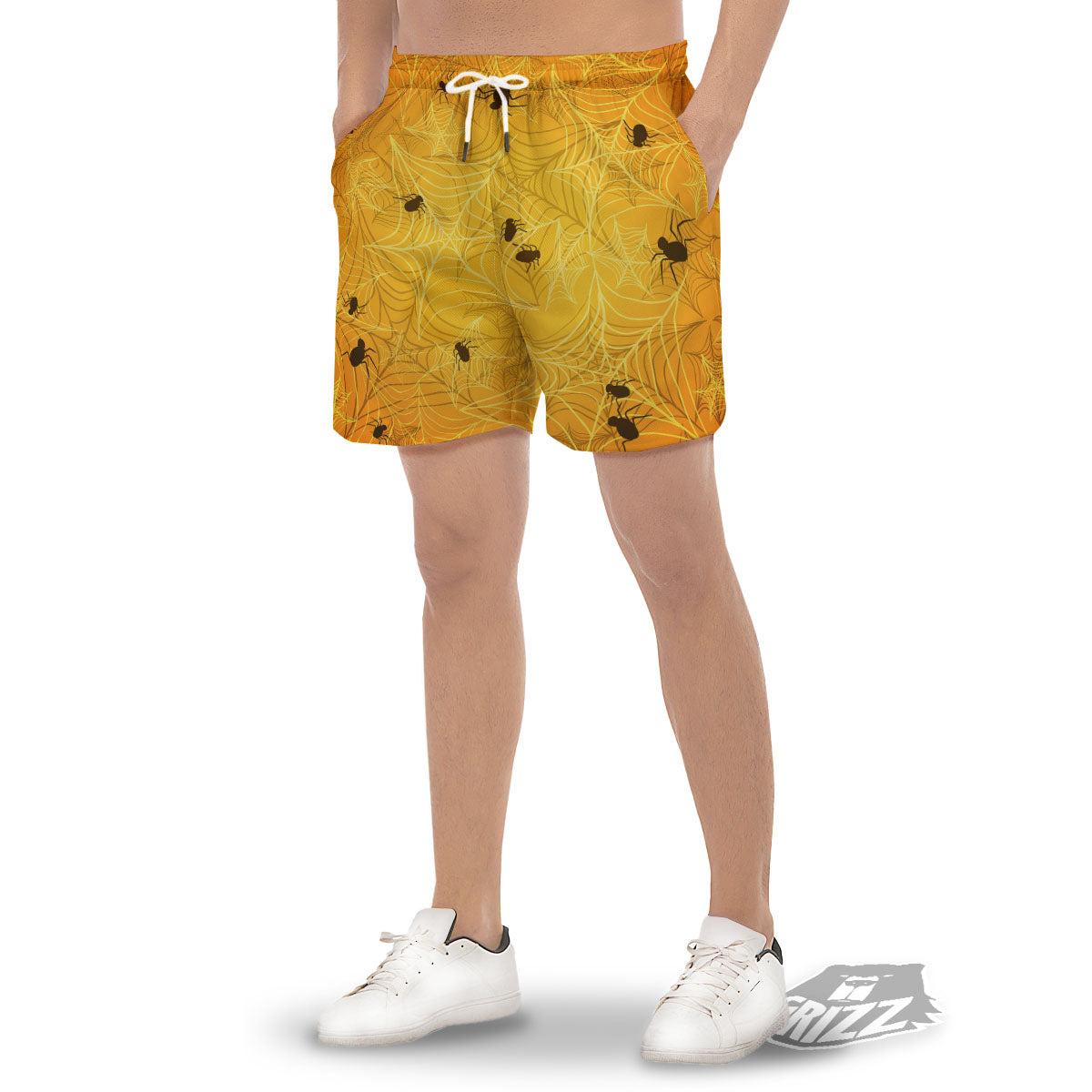 Cobweb Yellow Print Men's Gym Shorts-grizzshop