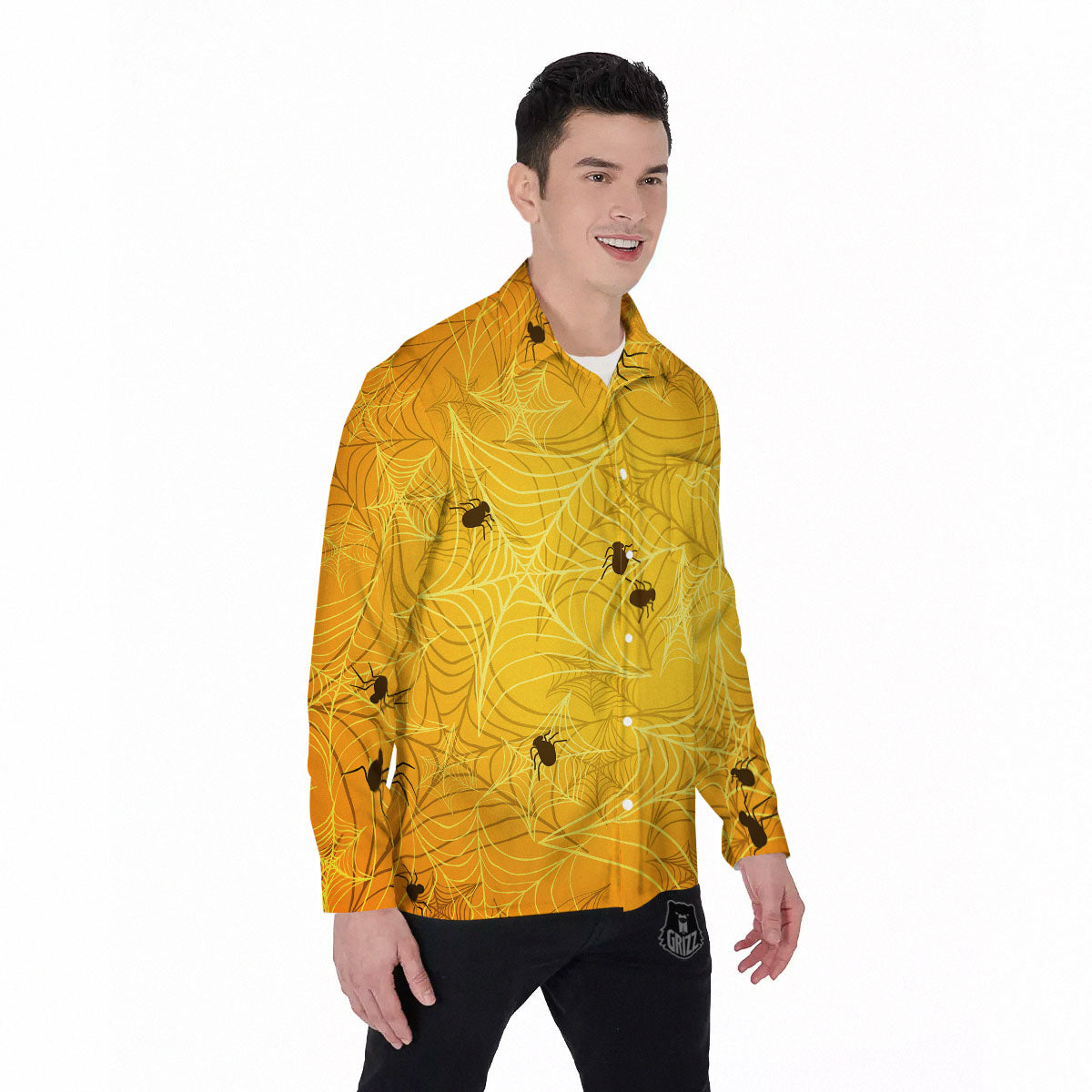 Cobweb Yellow Print Men's Long Sleeve Shirts-grizzshop