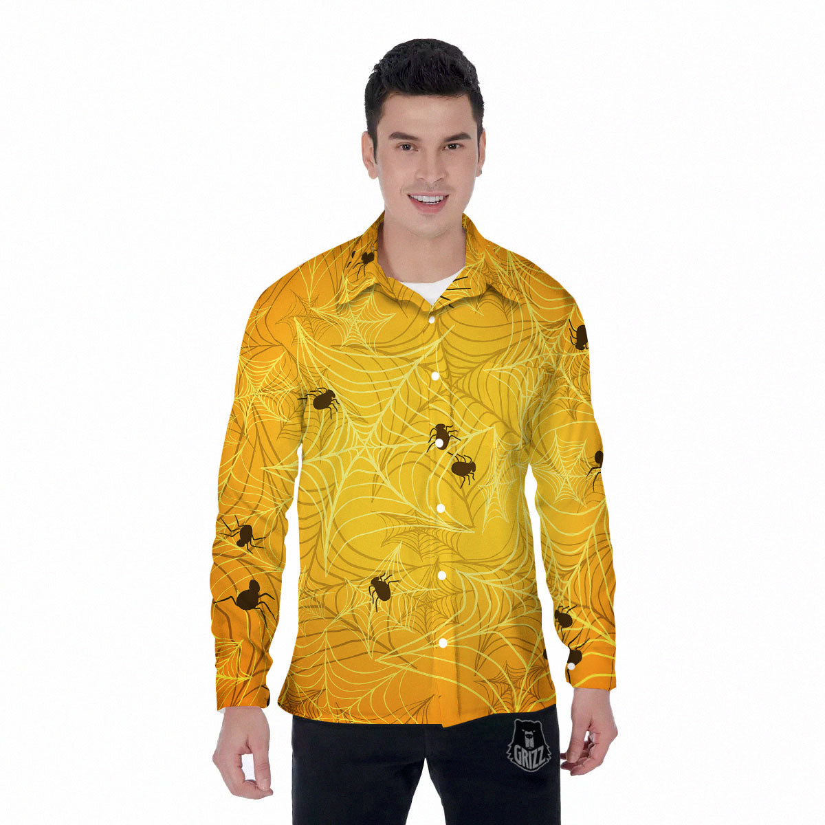 Cobweb Yellow Print Men's Long Sleeve Shirts-grizzshop
