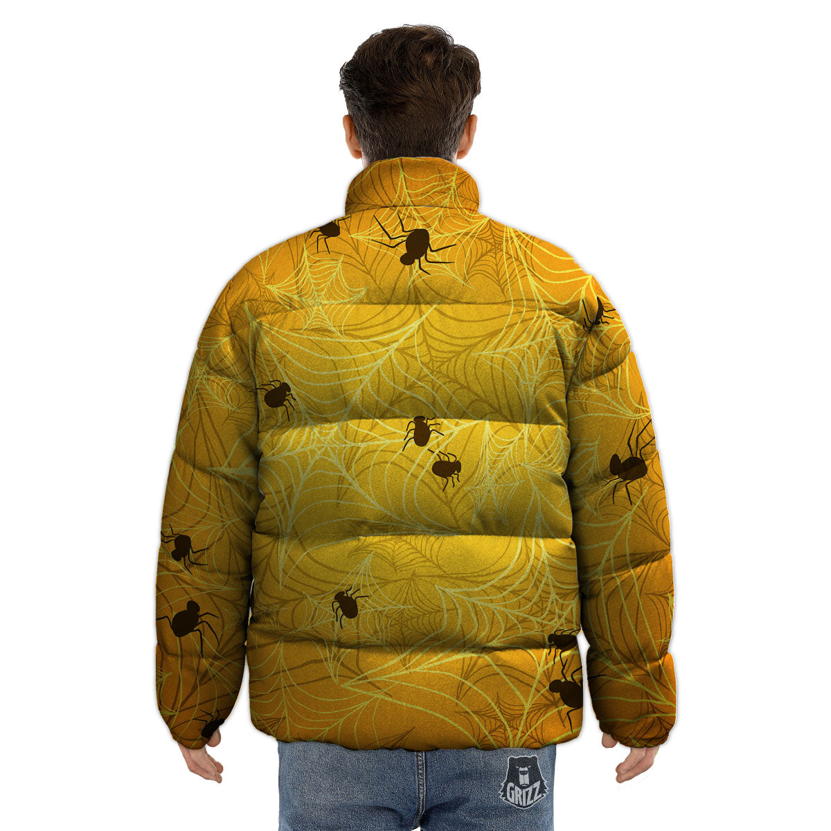 Cobweb Yellow Print Puffer Jacket-grizzshop