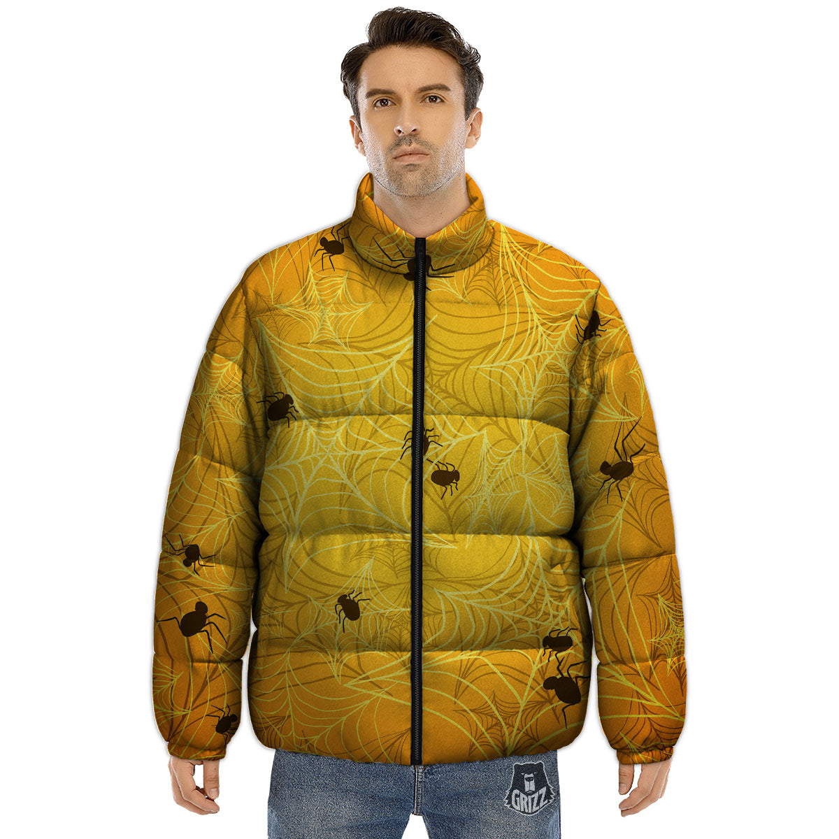 Cobweb Yellow Print Puffer Jacket-grizzshop
