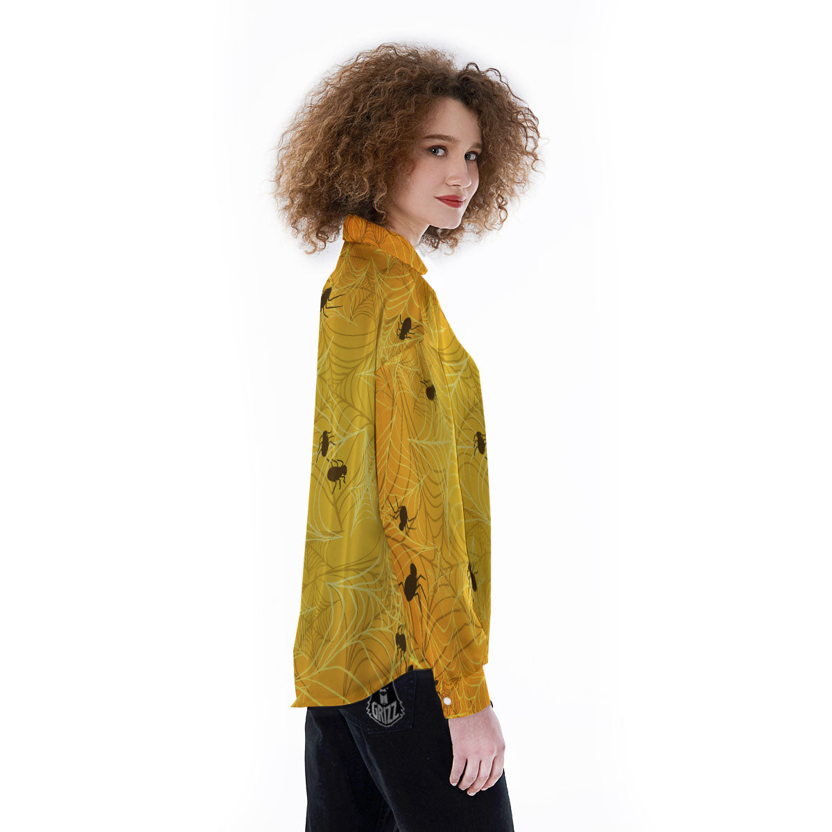 Cobweb Yellow Print Women's Long Sleeve Shirts-grizzshop