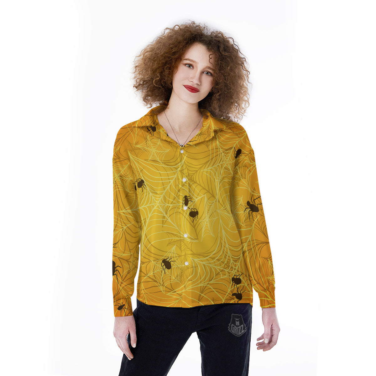 Cobweb Yellow Print Women's Long Sleeve Shirts-grizzshop