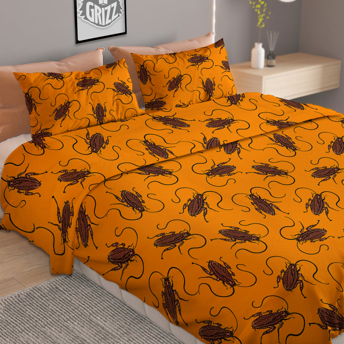 Cockroach Orange Print Pattern Duvet Cover Bedding Set-grizzshop