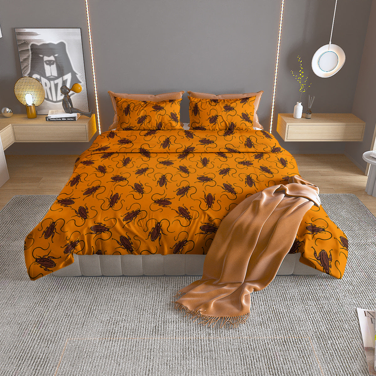 Cockroach Orange Print Pattern Duvet Cover Bedding Set-grizzshop